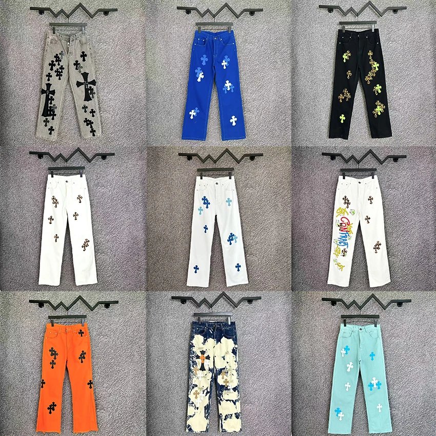 Retro high street washed jeans men's and women's cross loose straight metal leather trousers