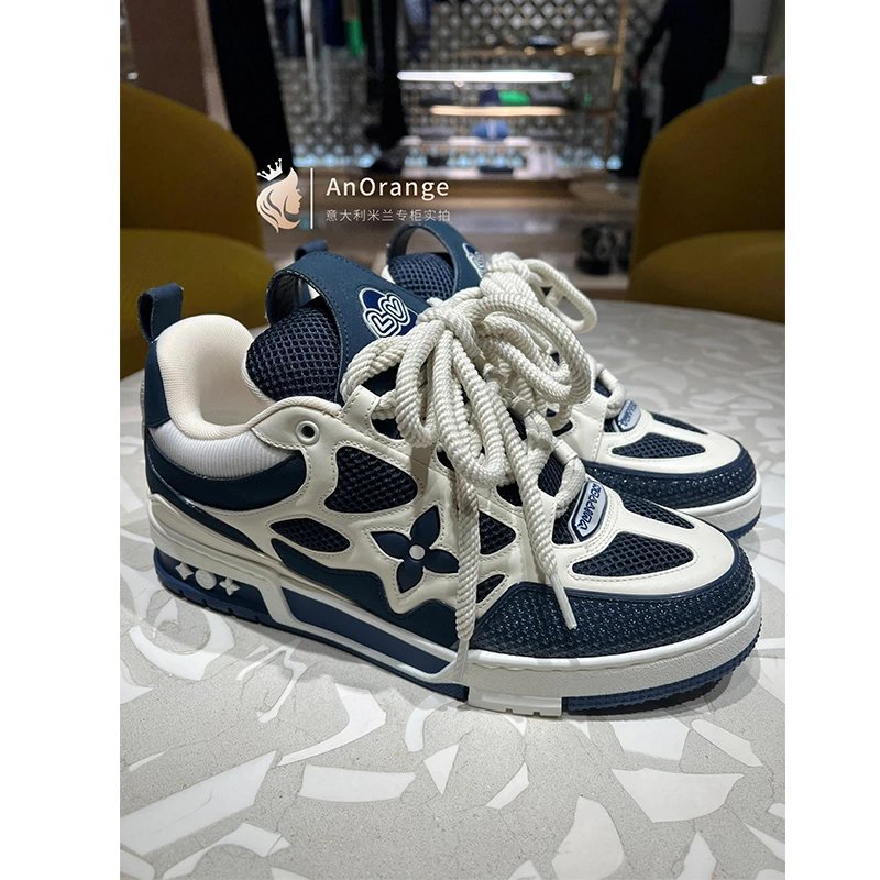 Louis Vuitton men's Skate sneakers 2025 cowhide suede mesh low-top shoes blue 1AARQG