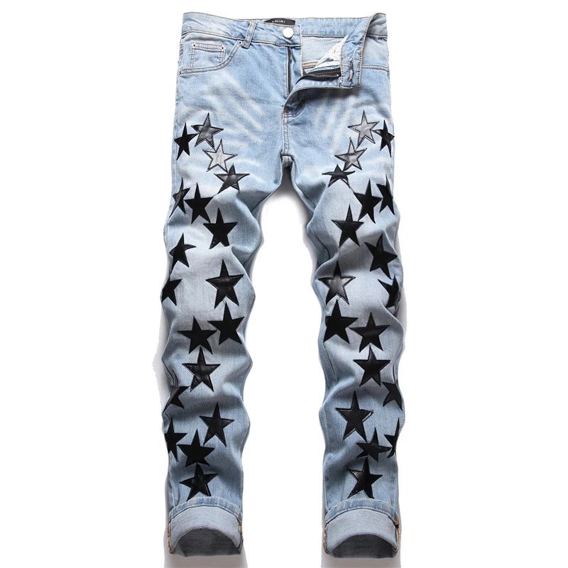 Denim Jeans Blue Orange Star Embroidered Distressed Slim Fit