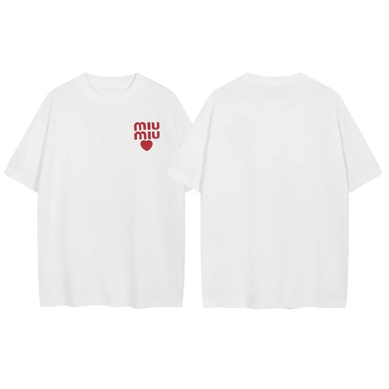 Miu Miu Logo Heart Print Black White Gray Casual T-Shirt