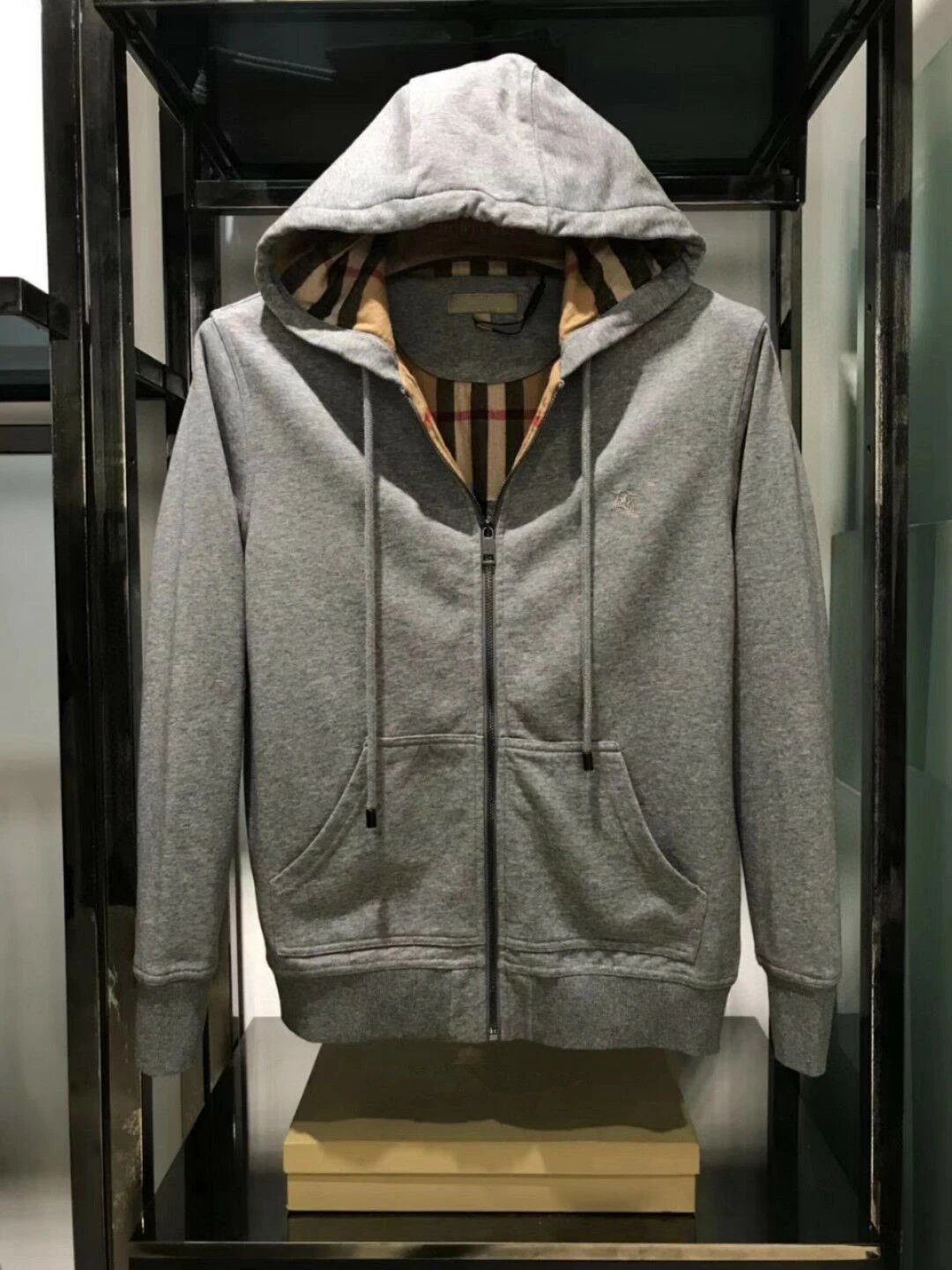 Burberry Hooded Zip-Up Sweatshirt Gray Classic