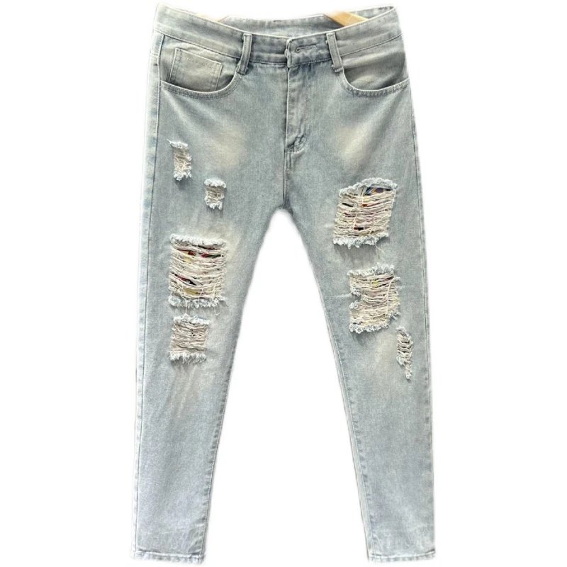 Distressed Light Blue Ripped Slim Fit Jeans
