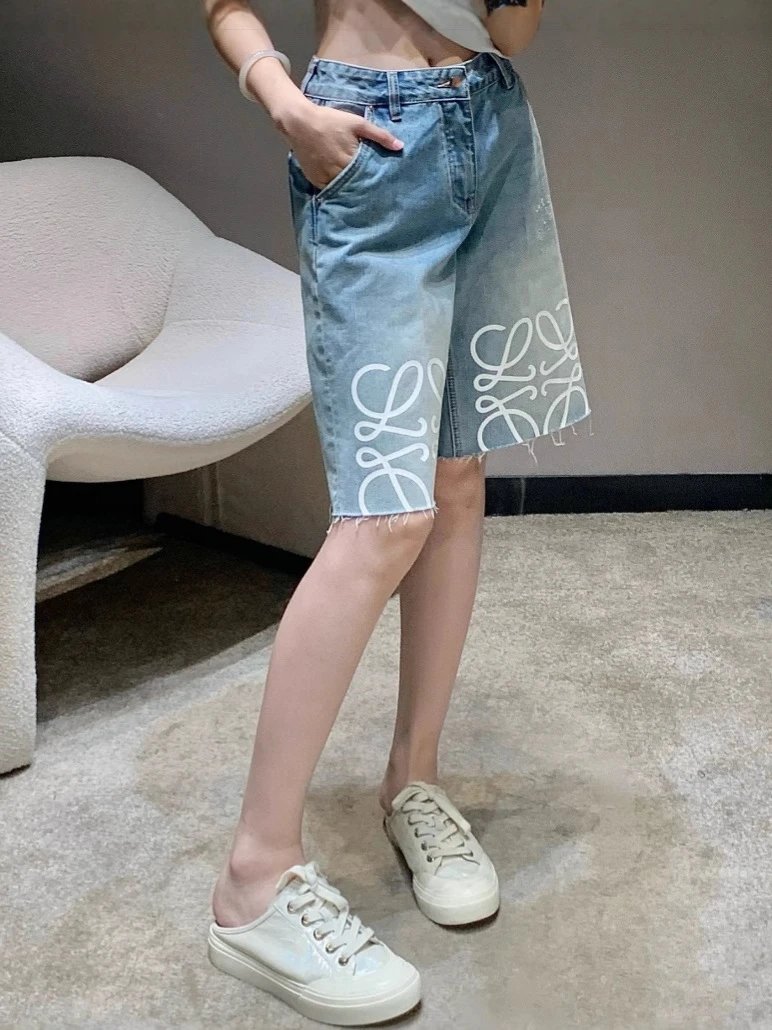 Loewe Cropped Polo White Casual Top with Logo Waistband and Embroidered Denim Bermuda Shorts