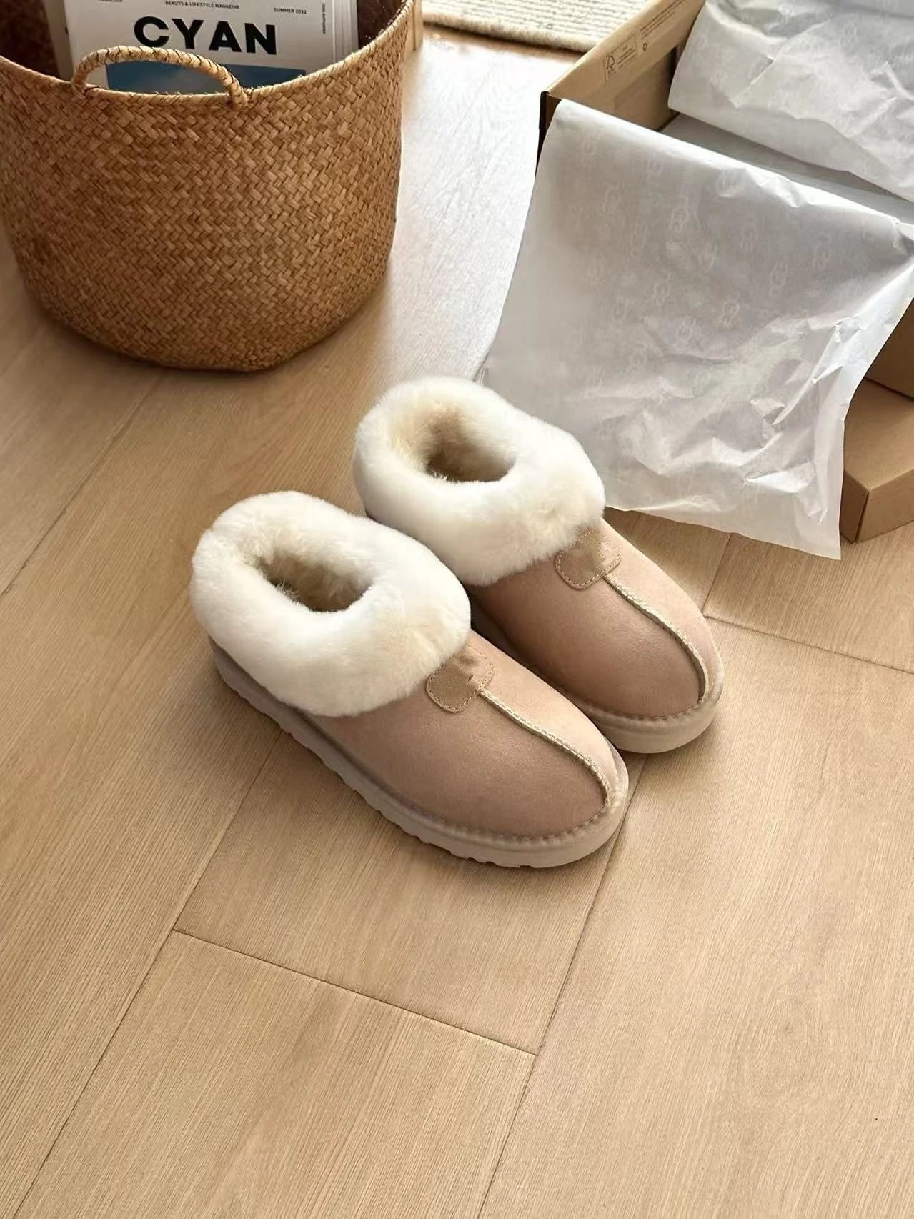 Faux Shearling Platform Boots Beige Chunky Sole