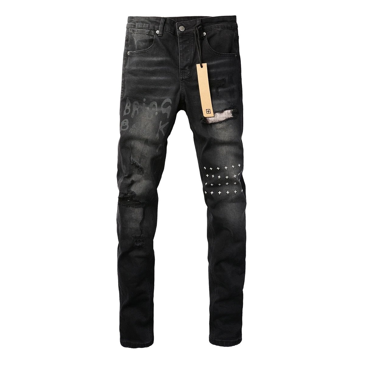 Black Distressed Denim Jeans With Cross Print And Graffiti Style