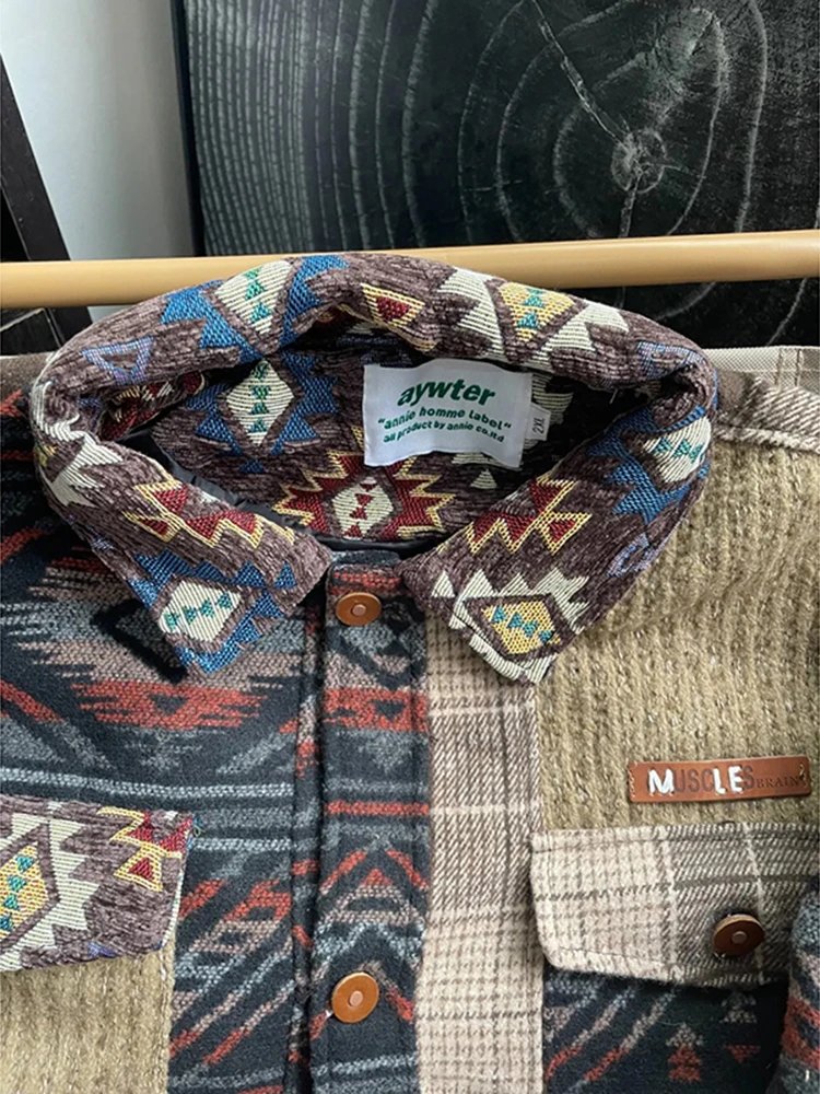 Winter Patchwork Multicolor Aztec Print Flannel Shirt Jacket
