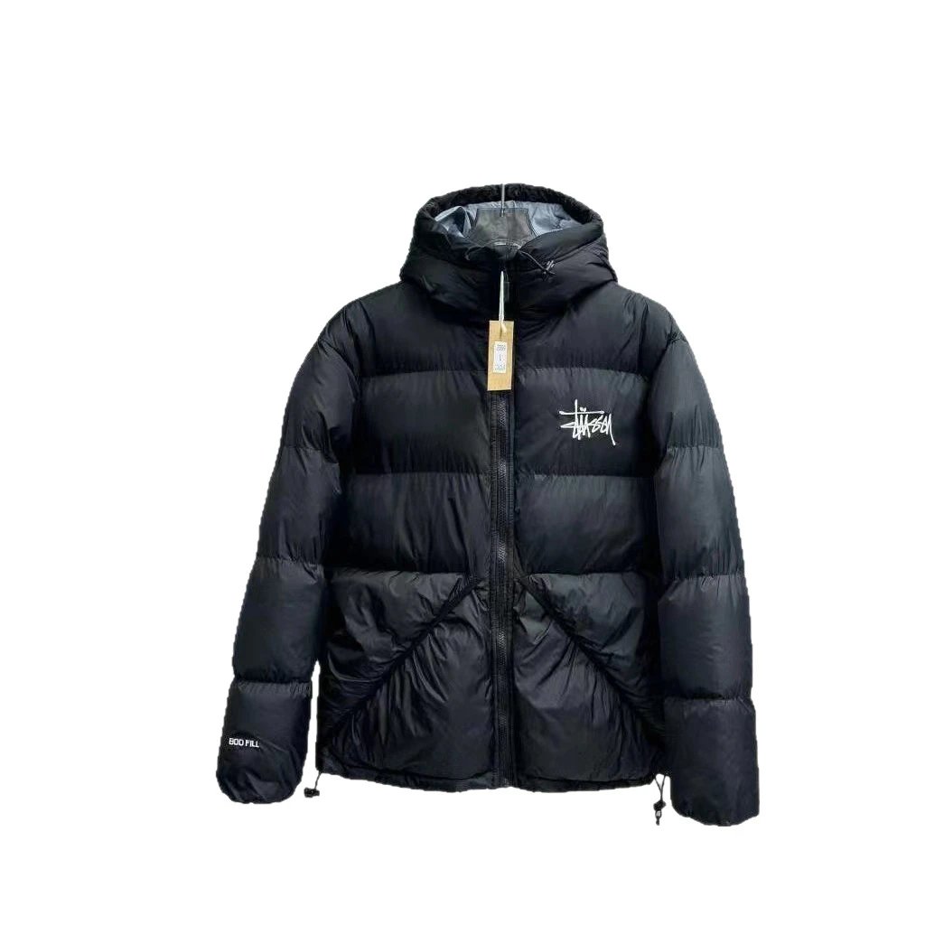 Stussy Puffer Jacket White Black Oversized Hooded