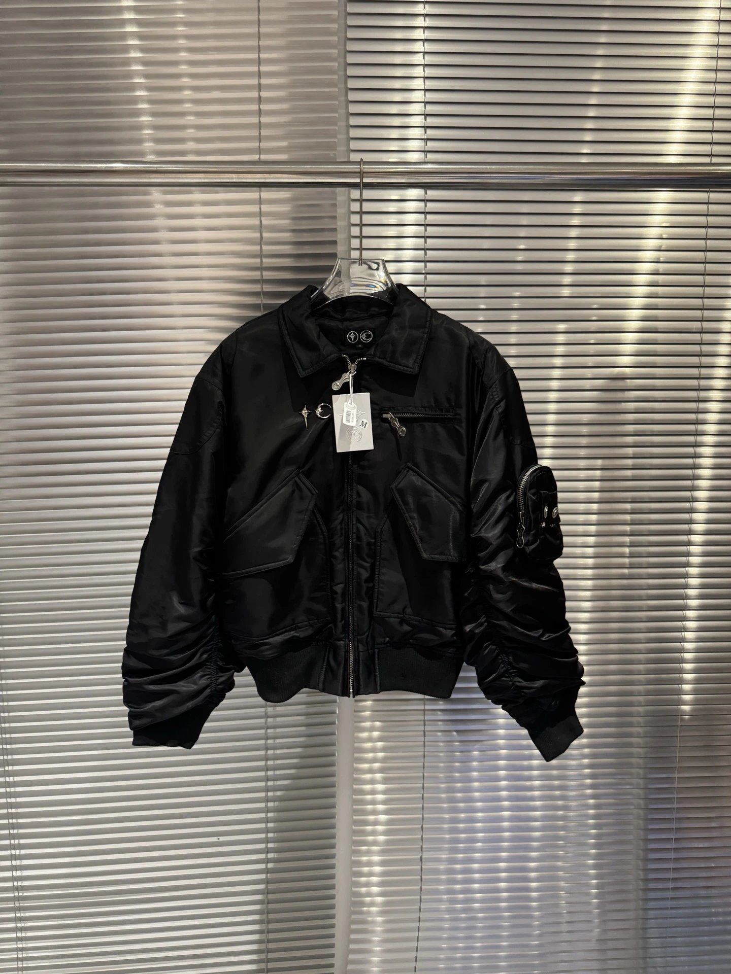Design Ruched Sleeve Bomber Jacket Beige Outerwear - 2