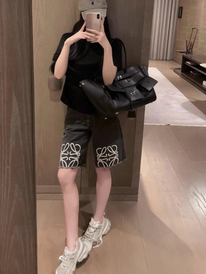 Loewe Cropped Polo White Casual Top with Logo Waistband and Embroidered Denim Bermuda Shorts