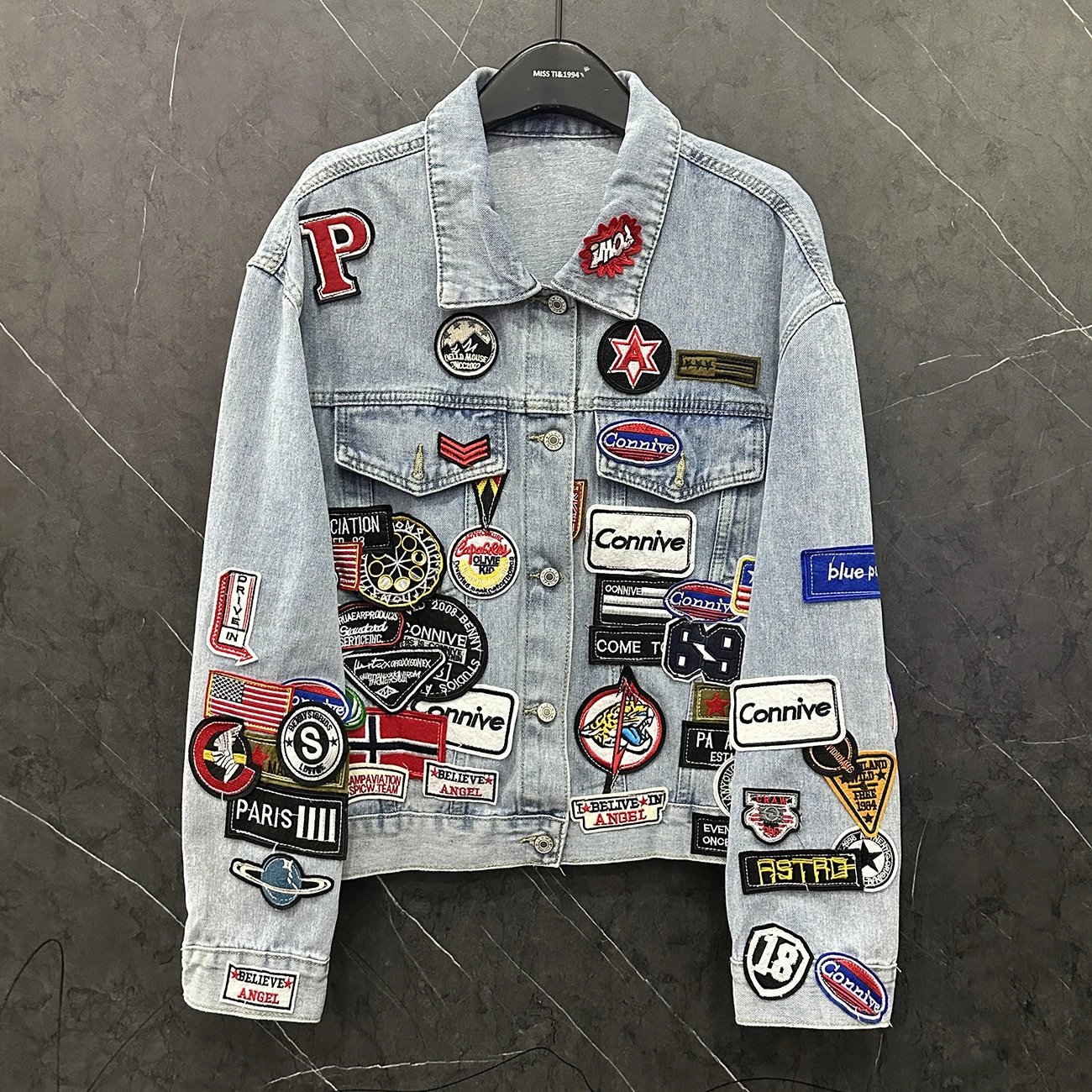 Denim Jacket Light Blue Patchwork Customized Streetwear