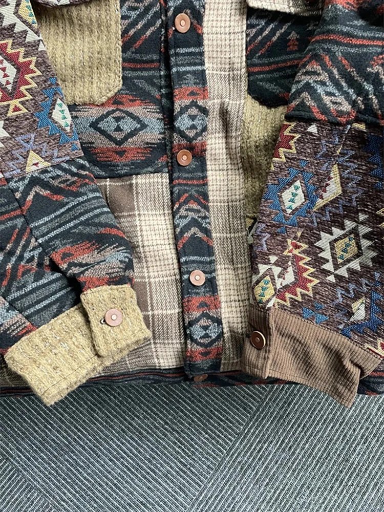 Winter Patchwork Multicolor Aztec Print Flannel Shirt Jacket