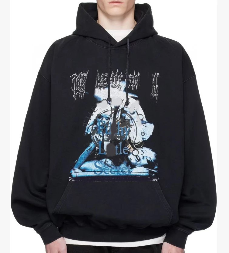 Black Hooded Sweatshirt With White Gothic Lettering Streetwear