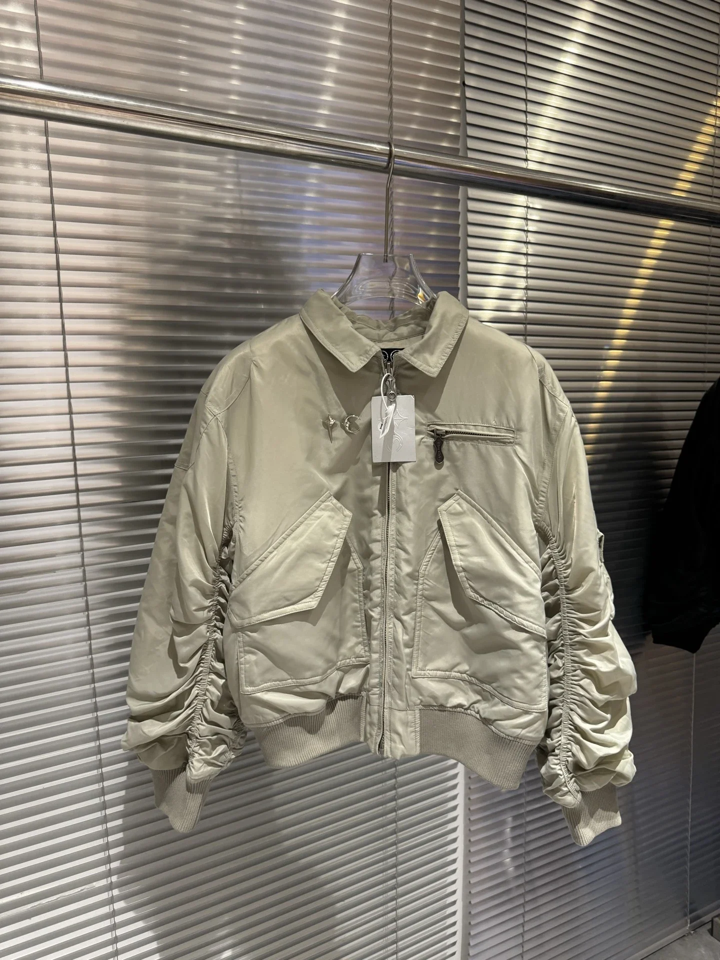 Beige Ruched Sleeve Bomber Jacket