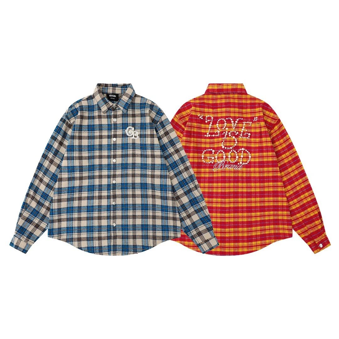 Collared Plaid Pearl Long-Sleeved Shirt
