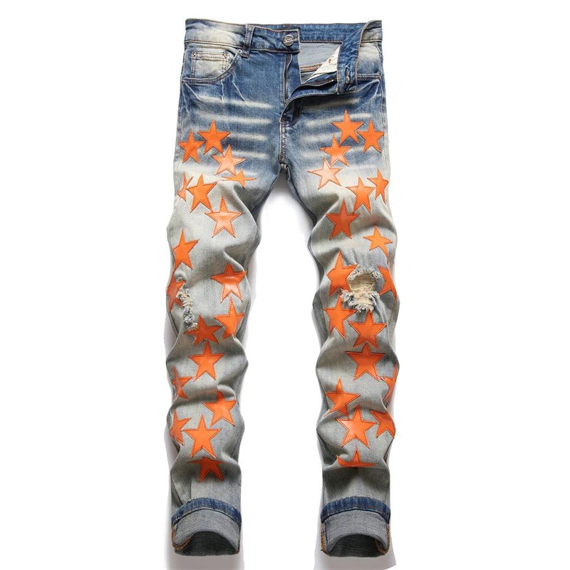Ripped Star Jeans Men's and Women's Street Hip-Hop Youth Washed Pants