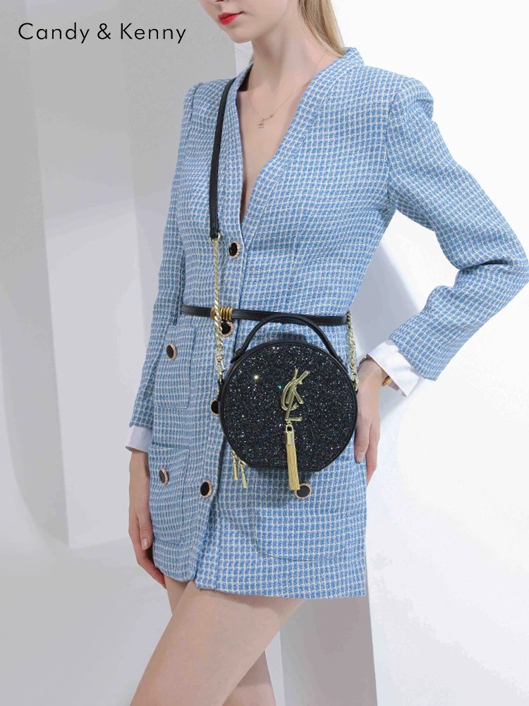Yves Saint Laurent Round Black Glitter Chain Shoulder Bag