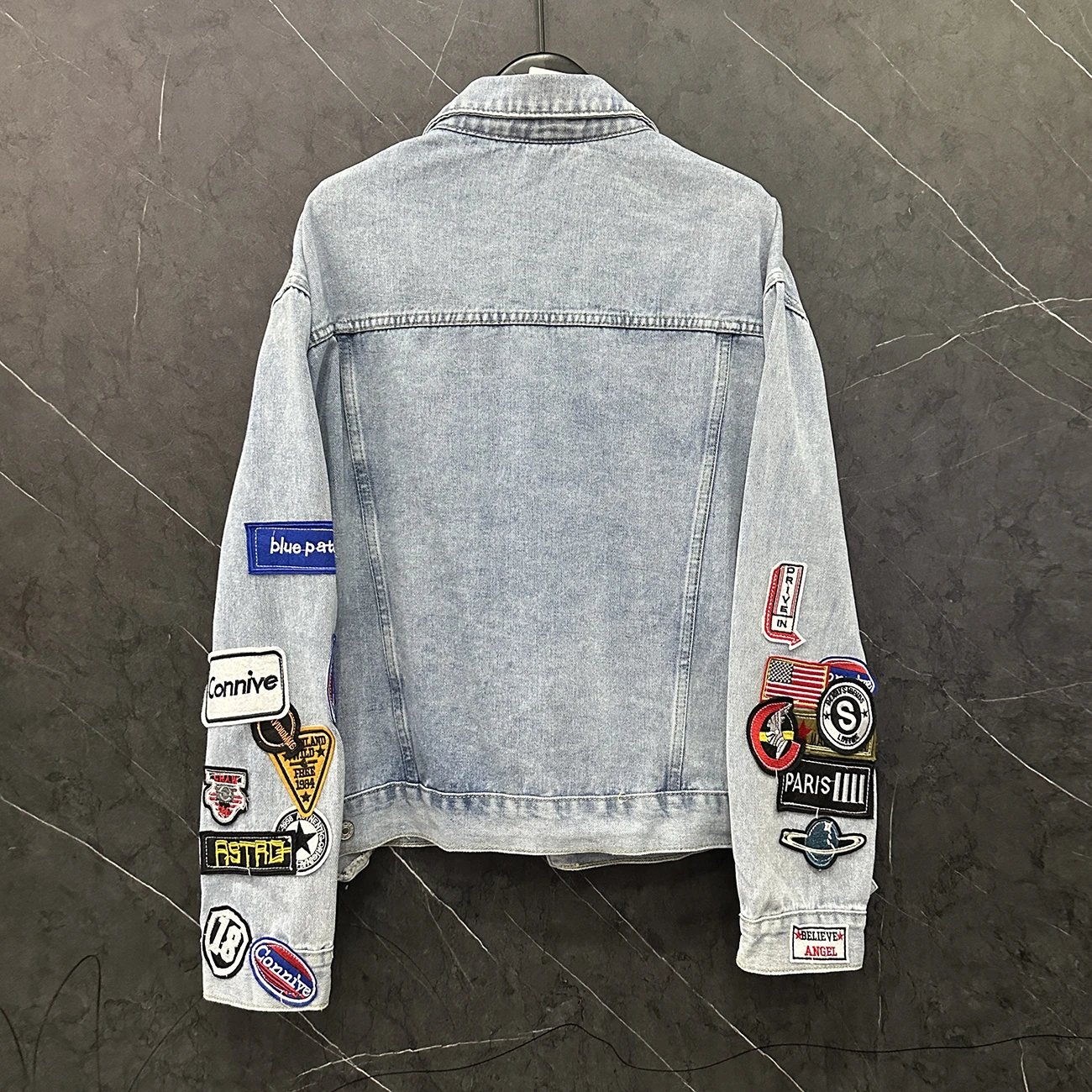 Denim Jacket Light Blue Patchwork Customized Streetwear