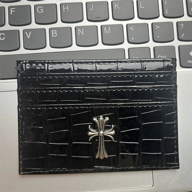 White Croc-Embossed Leather Card Holder with Silver Cross Ornament