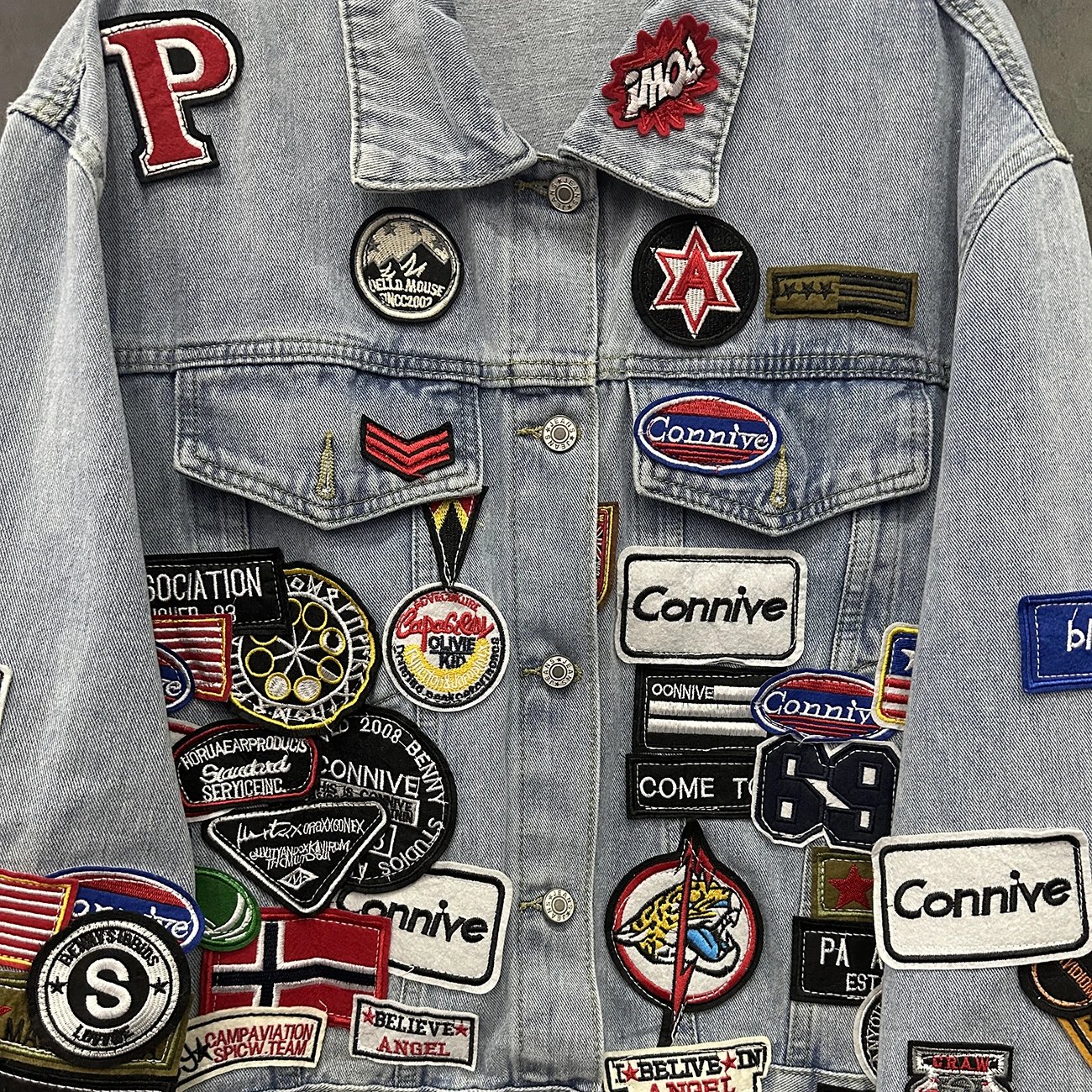 Denim Jacket Light Blue Patchwork Customized Streetwear