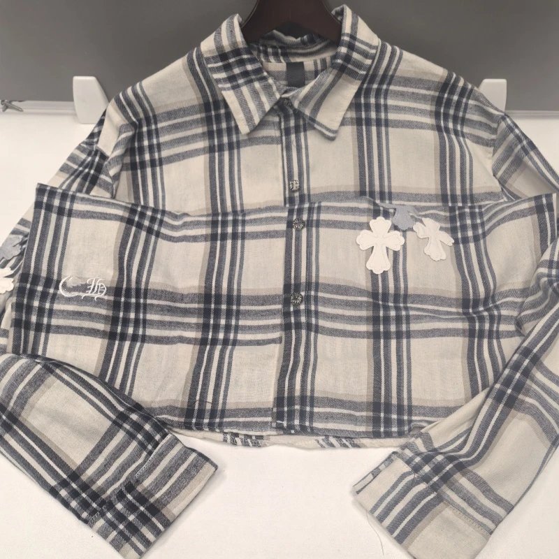 Ch*rome Hearts cross-patched leather distressed washed high street American loose unisex shirt