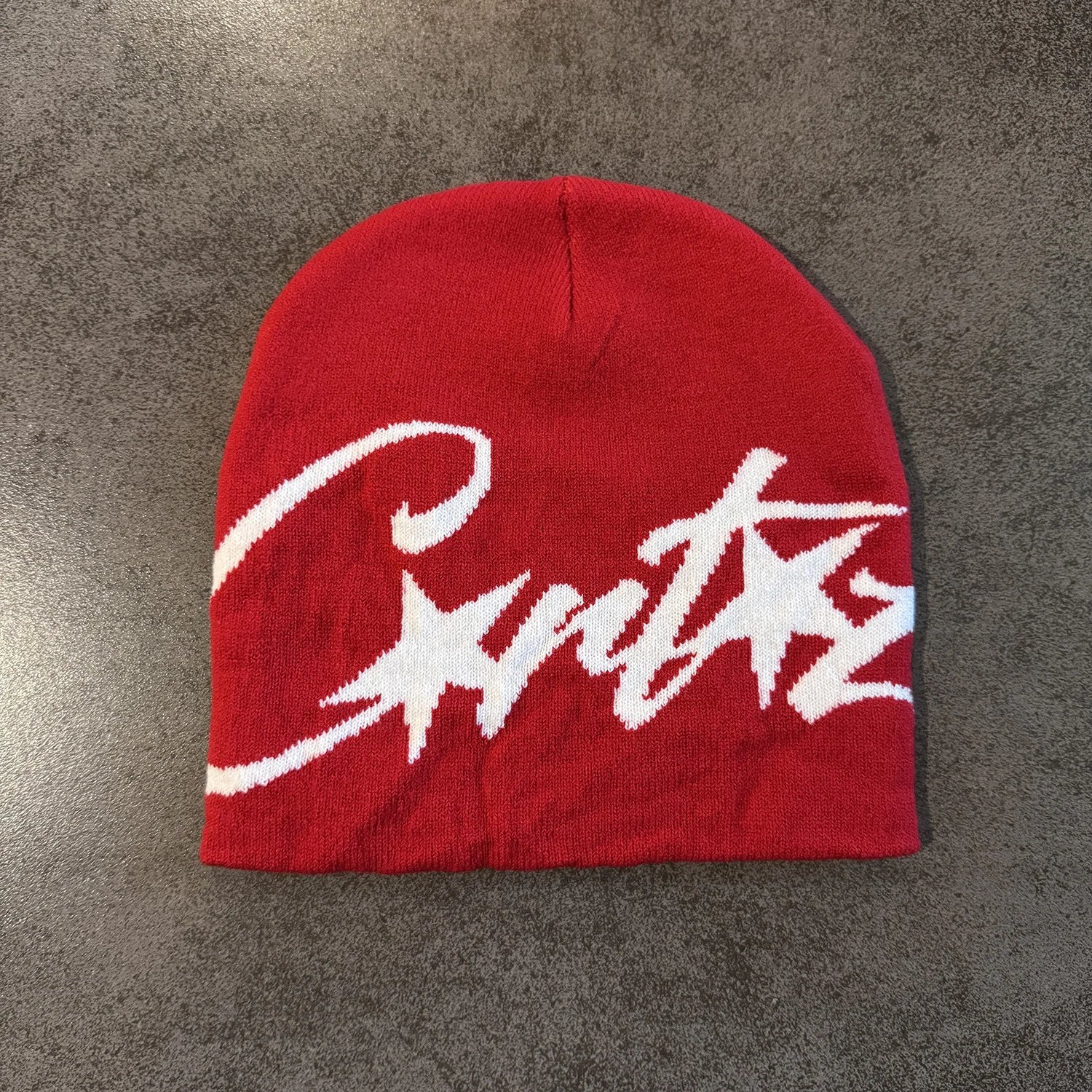 Black Knit Beanie White Graffiti Script Style