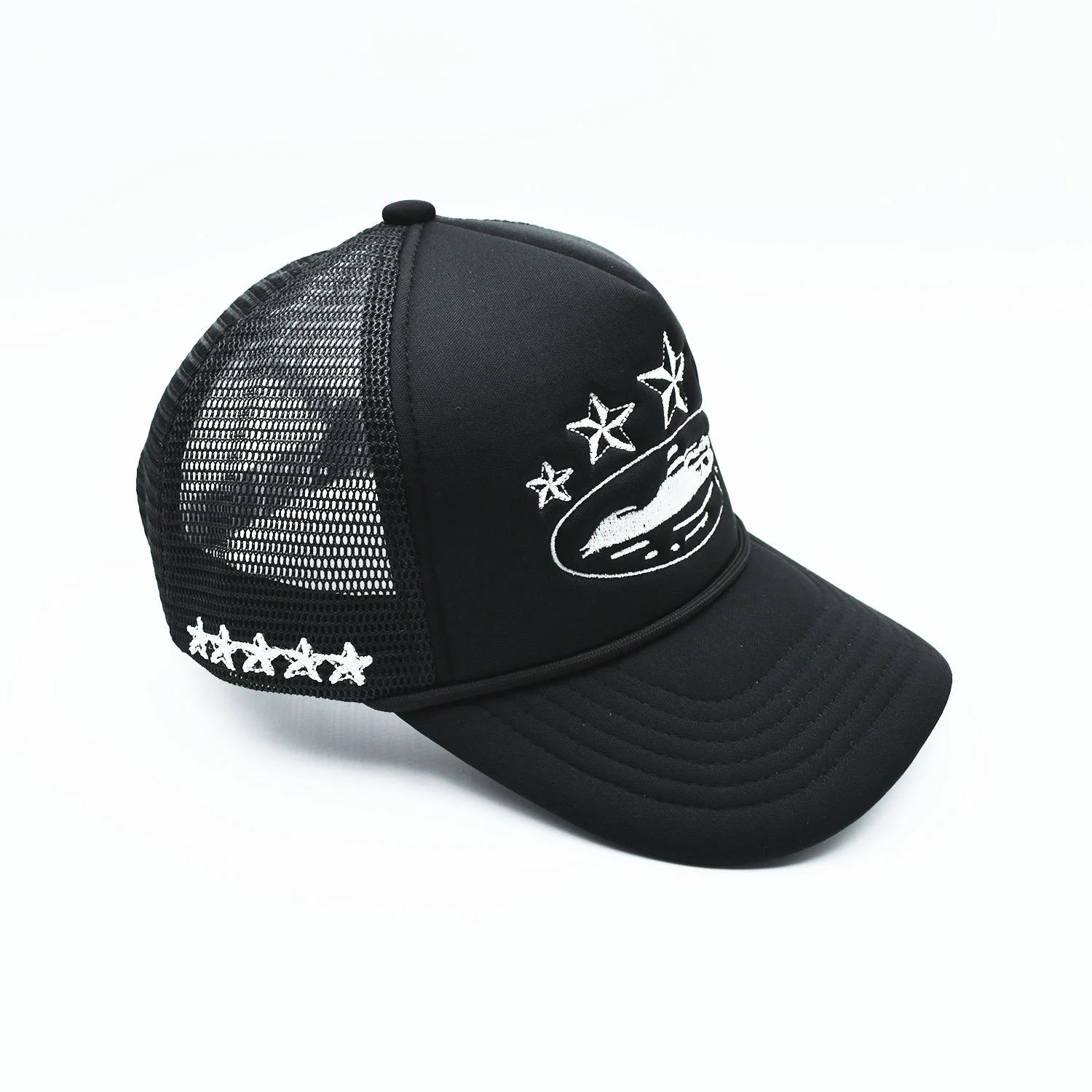 Trucker Hat Black White Embroidered Star Boat Mesh Cap