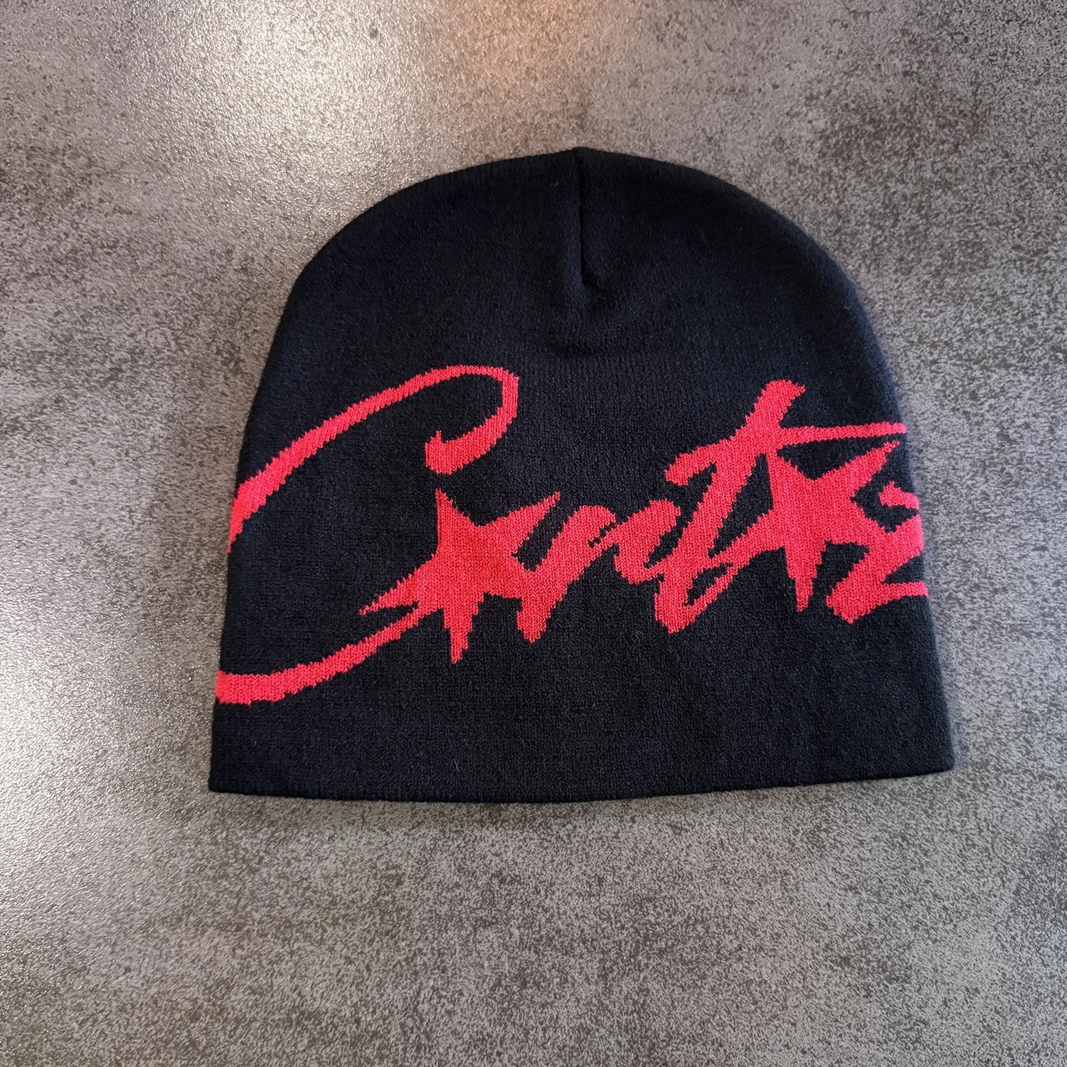Black Knit Beanie White Graffiti Script Style