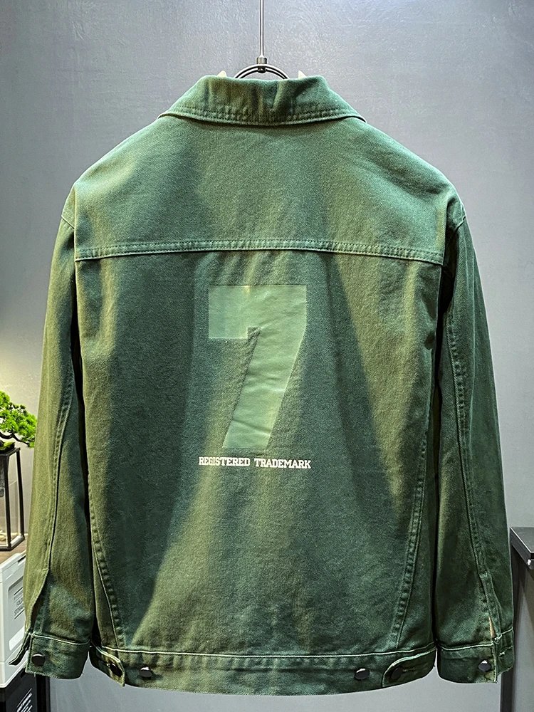 Green Denim Jacket with Embroidered Number 7 Vintage Workwear