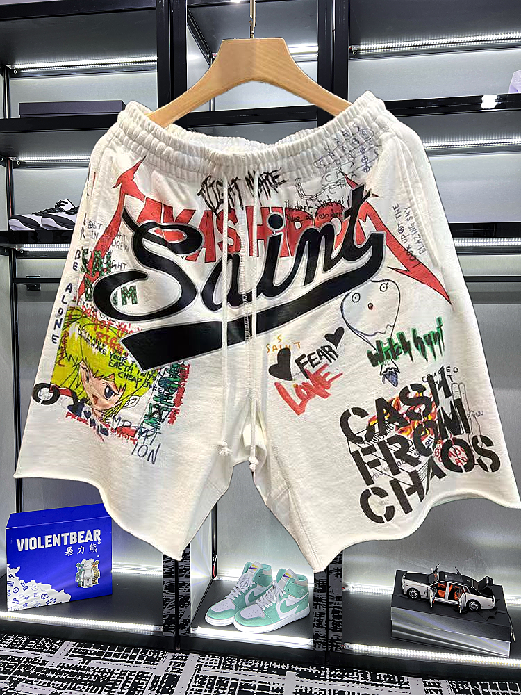 Saint Graffiti Print Off-White Streetwear Shorts