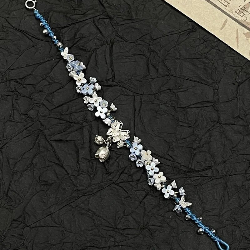 Handmade Floral Silver Butterfly Charm Bracelet Blue
