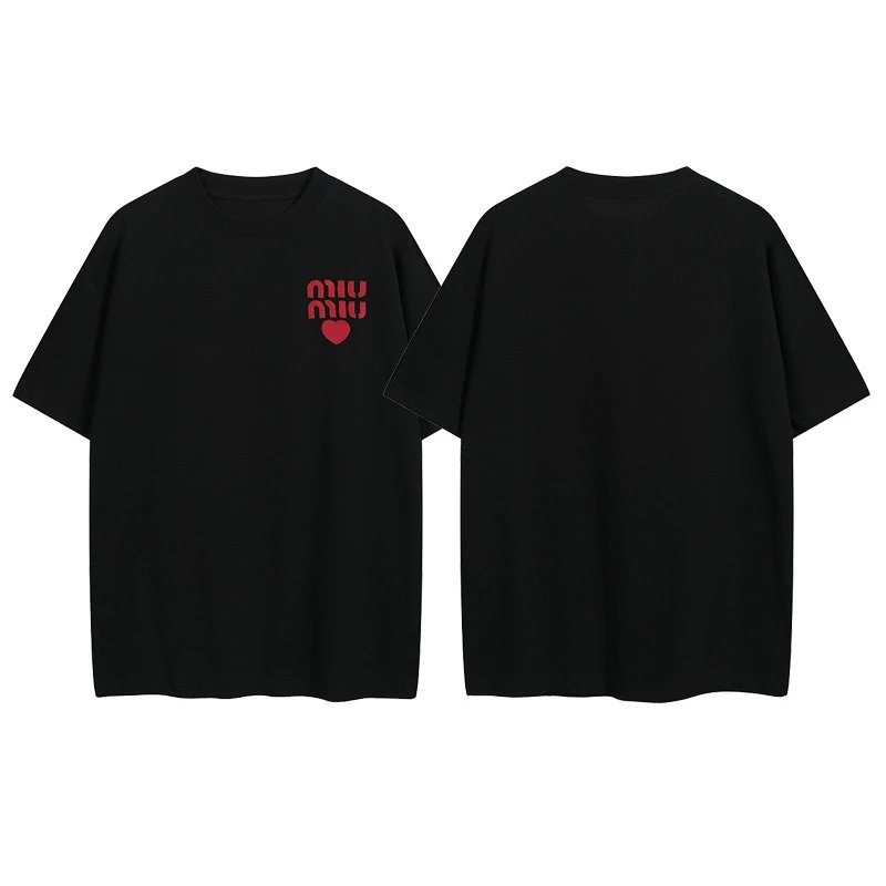 Miu Miu Logo Heart Print Black White Gray Casual T-Shirt