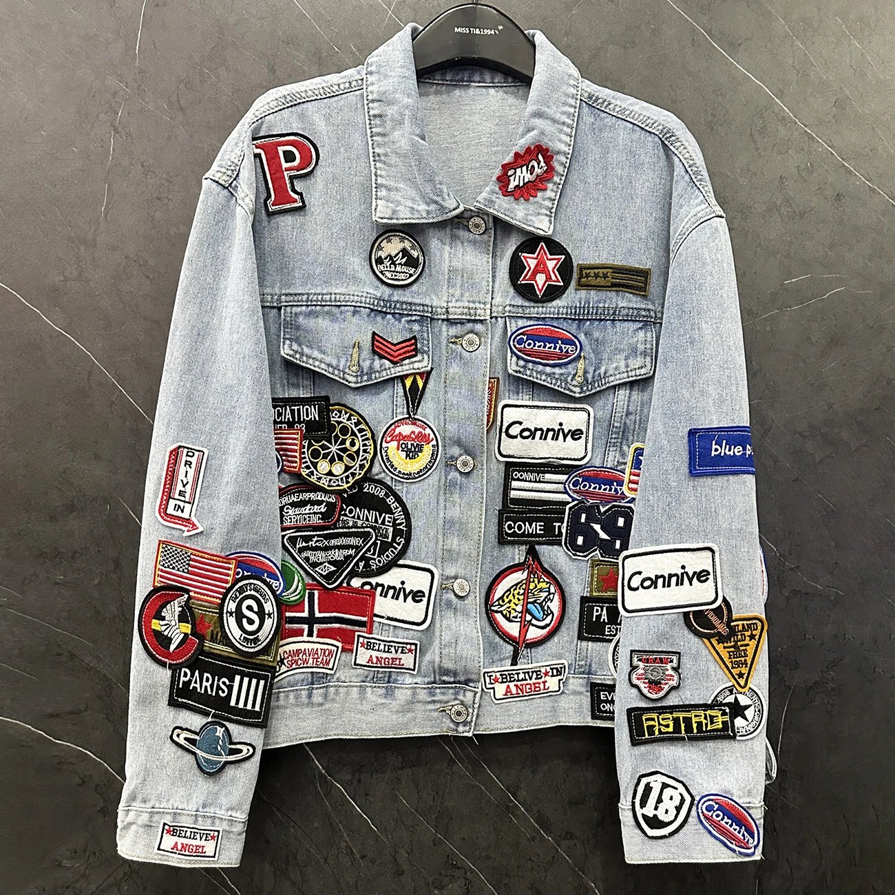 Denim Jacket Light Blue Patchwork Customized Streetwear