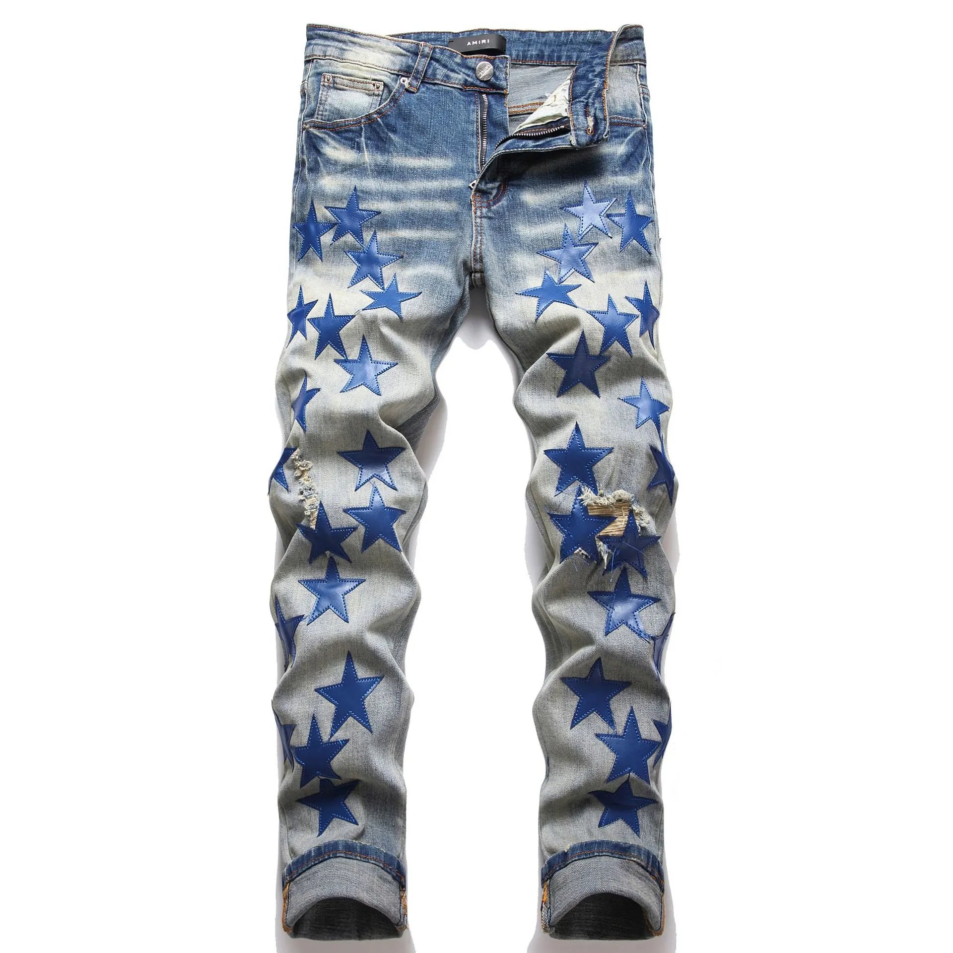 Denim Jeans Blue Orange Star Embroidered Distressed Slim Fit