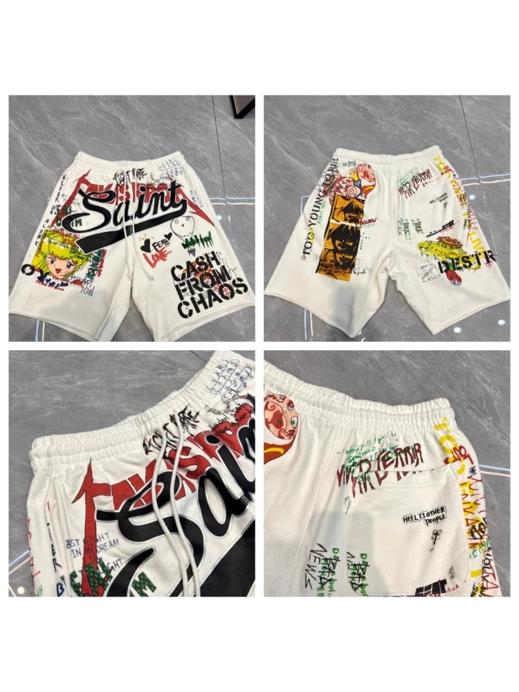 Saint Graffiti Print Off-White Streetwear Shorts