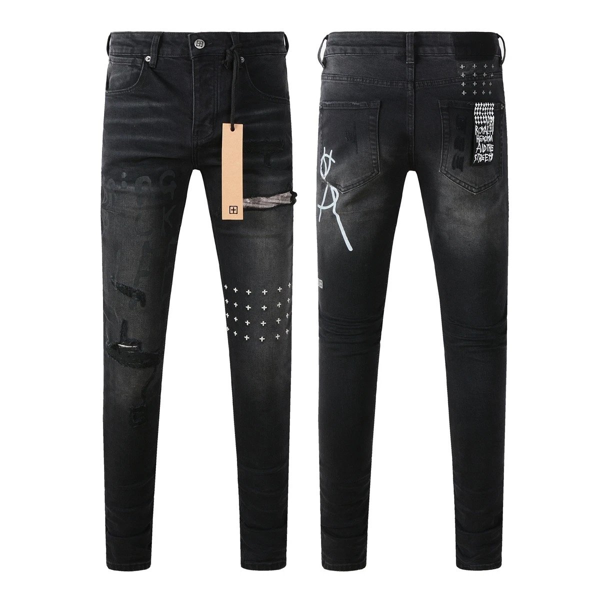 Black Distressed Denim Jeans With Cross Print And Graffiti Style