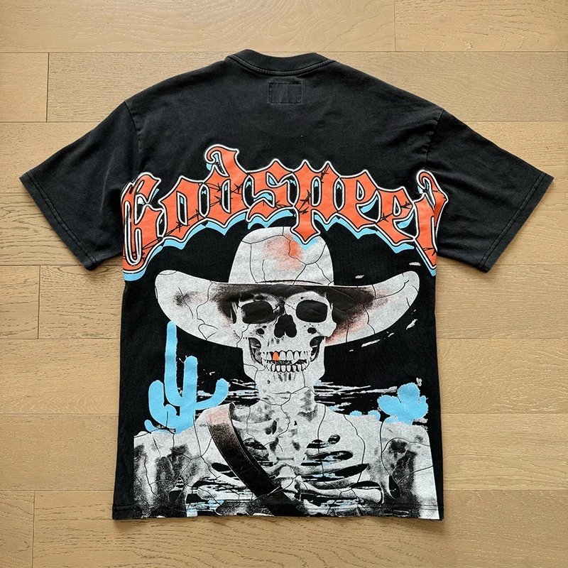 Godspeed Skull Floral Print Black Graphic T-Shirt