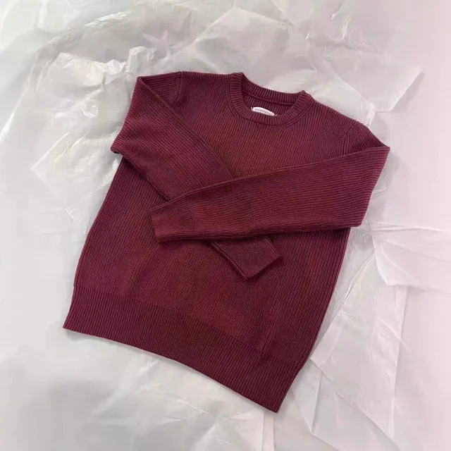 Ribbed Knit Sweater Burgundy Classic Crewneck