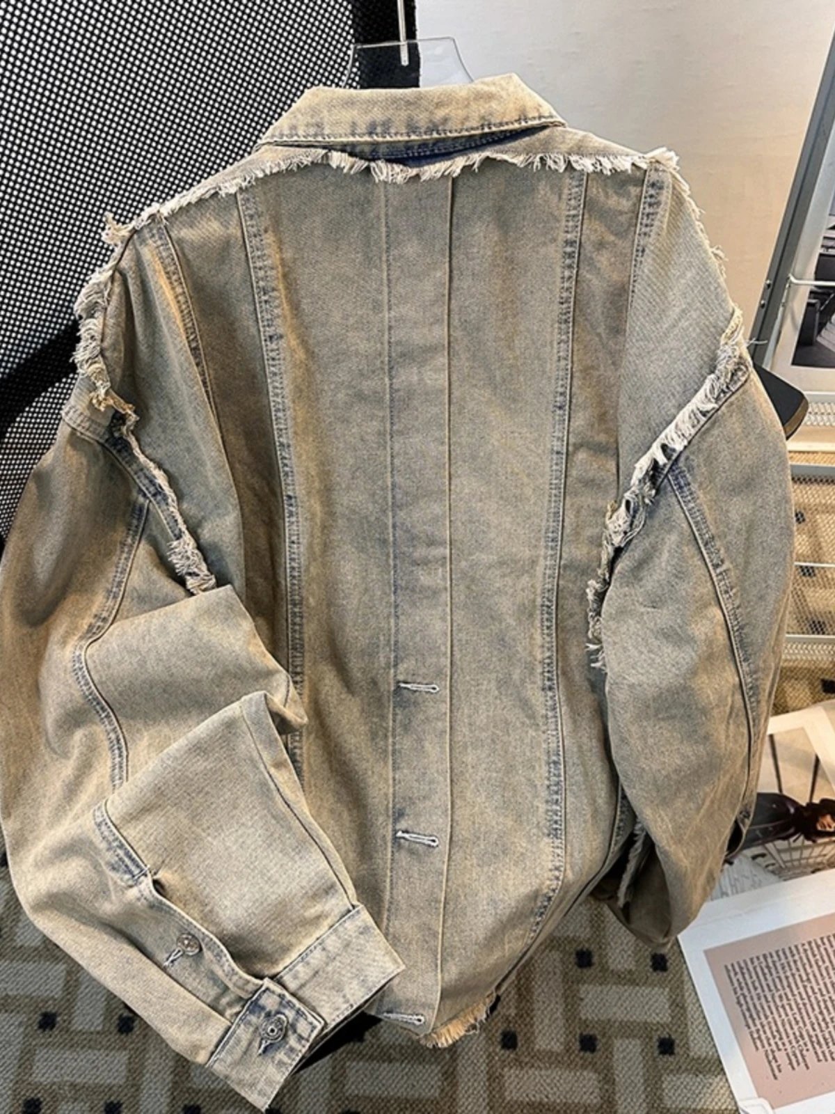 Distressed Denim Jacket Light Gray Oversized Vintage Style