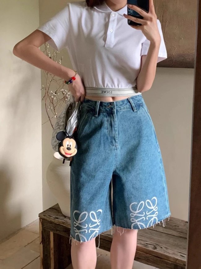 Loewe Cropped Polo White Casual Top with Logo Waistband and Embroidered Denim Bermuda Shorts