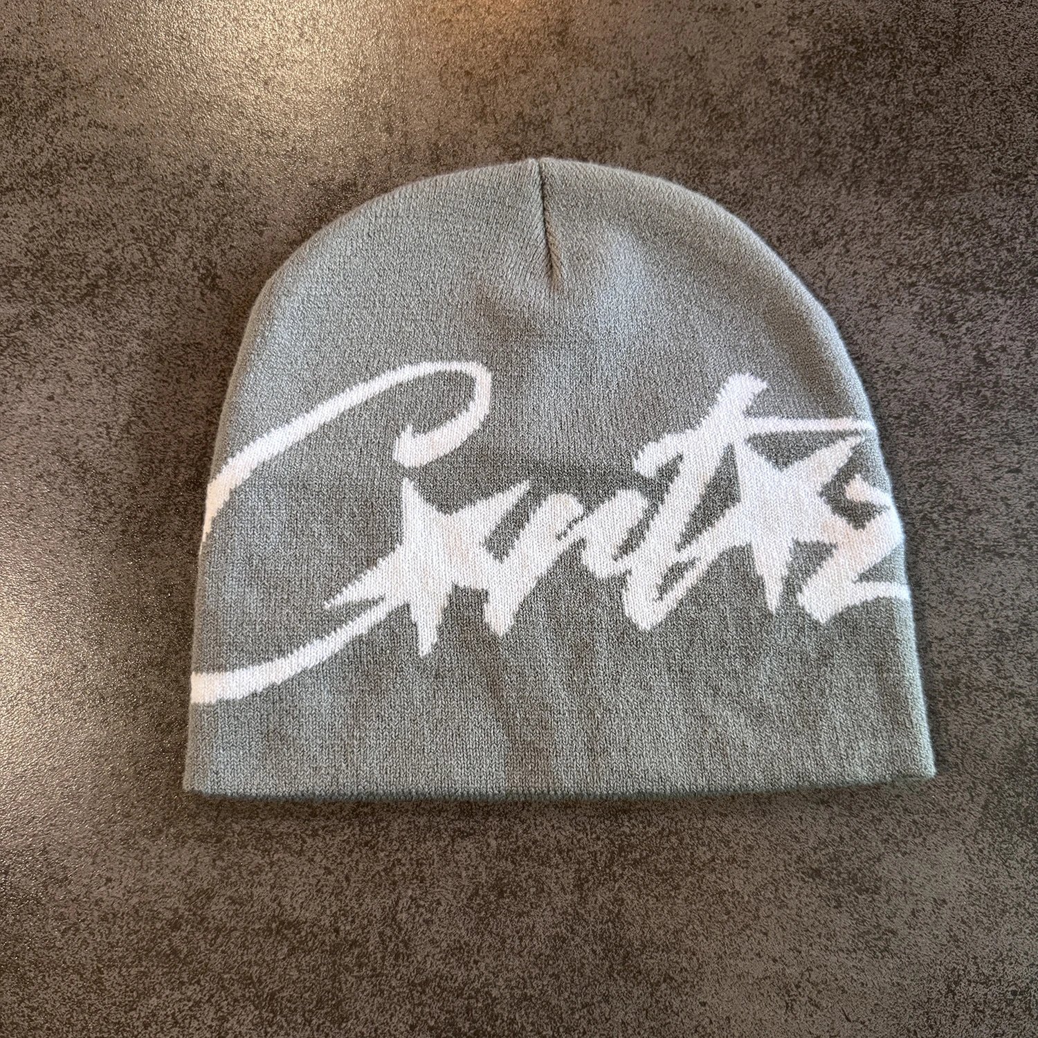 Black Knit Beanie White Graffiti Script Style