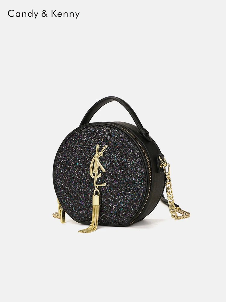 Yves Saint Laurent Round Black Glitter Chain Shoulder Bag