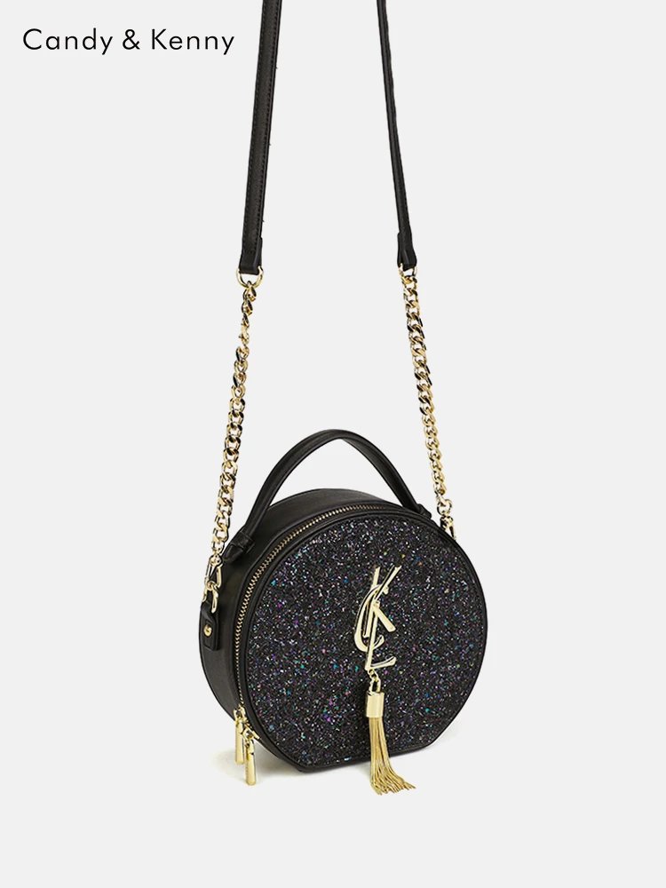 Yves Saint Laurent Round Black Glitter Chain Shoulder Bag
