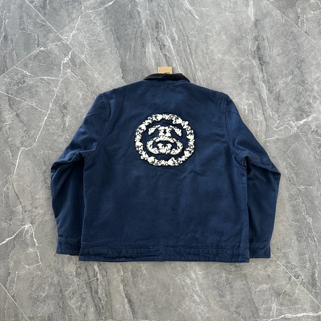 Navy Blue Zip-Up Jacket With Circular Logo And Flag Patch