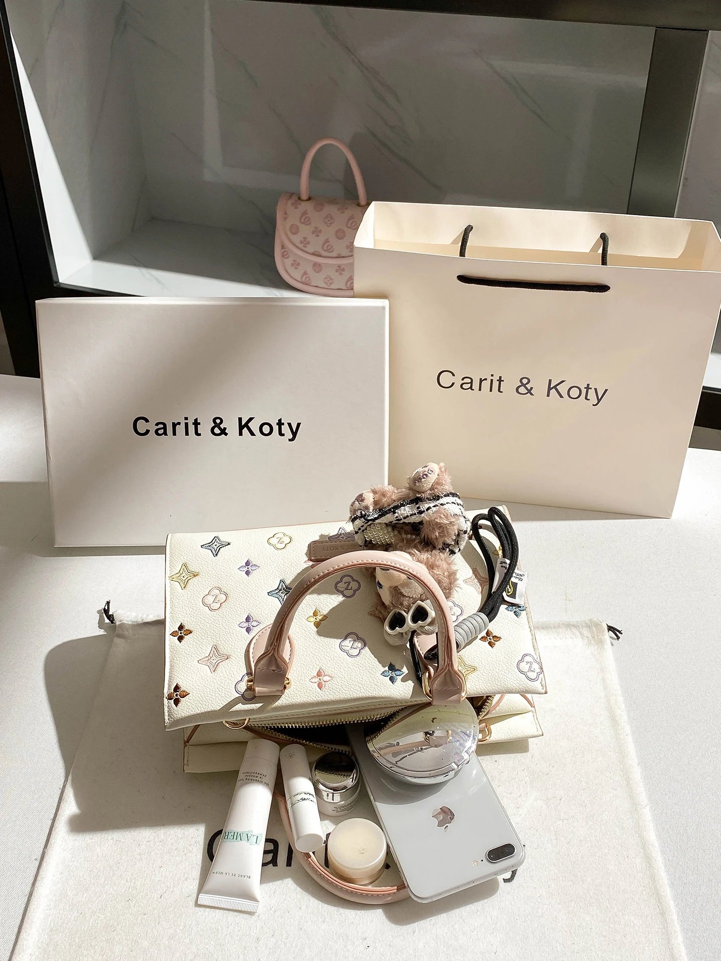 Carit &amp; Koty Mini Tote Bag Cream Multicolor Monogram Handbag