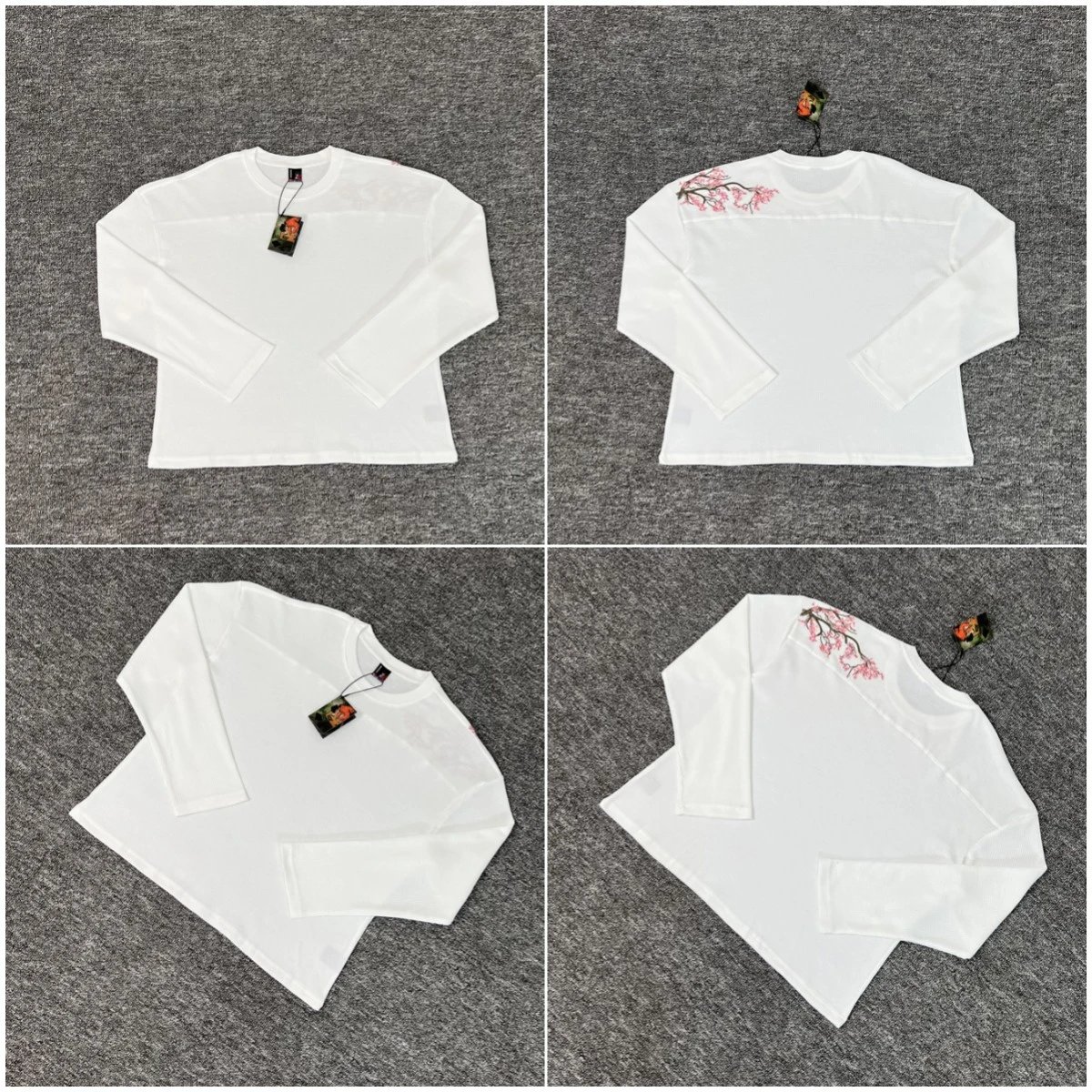 derschutze blossom cherry blossom embroidery casual trend men and women waffle long-sleeved T-shirt