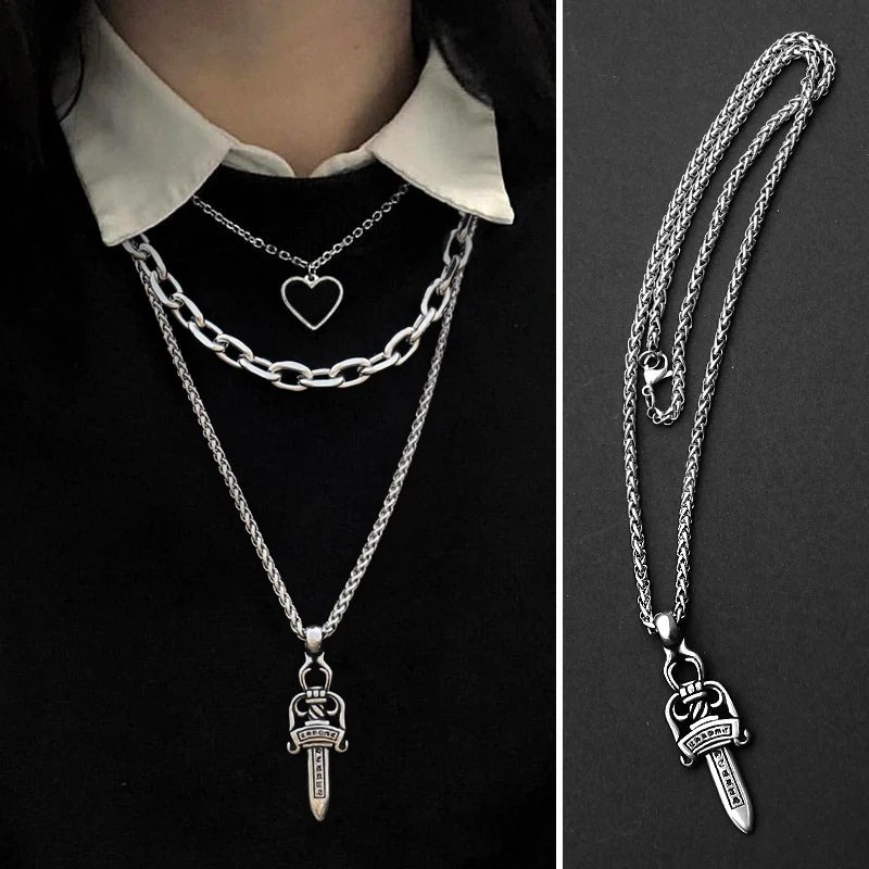 Silver Sword Pendant Necklace Silver Chain Layered Hipster Jewelry