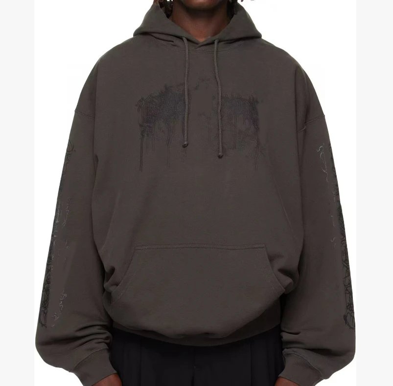 Black Hooded Sweatshirt With White Gothic Lettering Streetwear