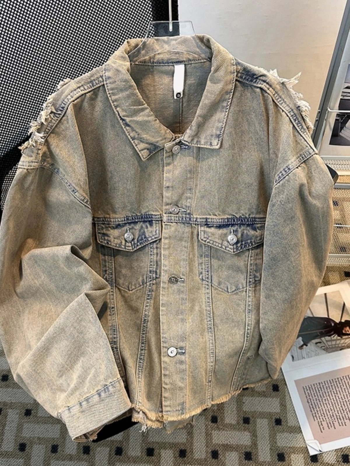 Distressed Denim Jacket Light Gray Oversized Vintage Style