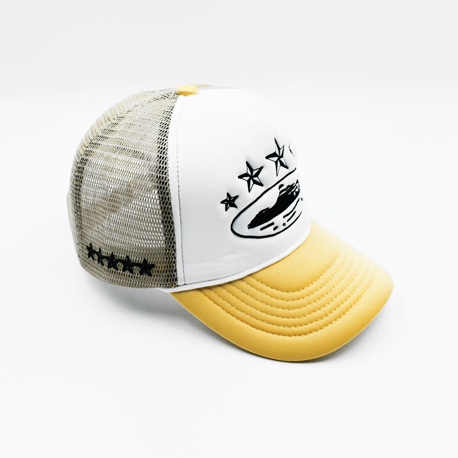 Trucker Hat Black White Embroidered Star Boat Mesh Cap