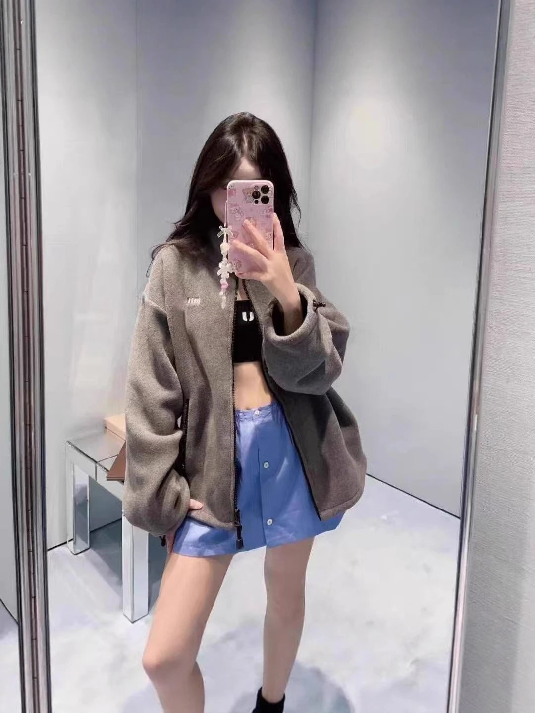 Fleece Zip-Up Jacket Gray Oversized Streetwear